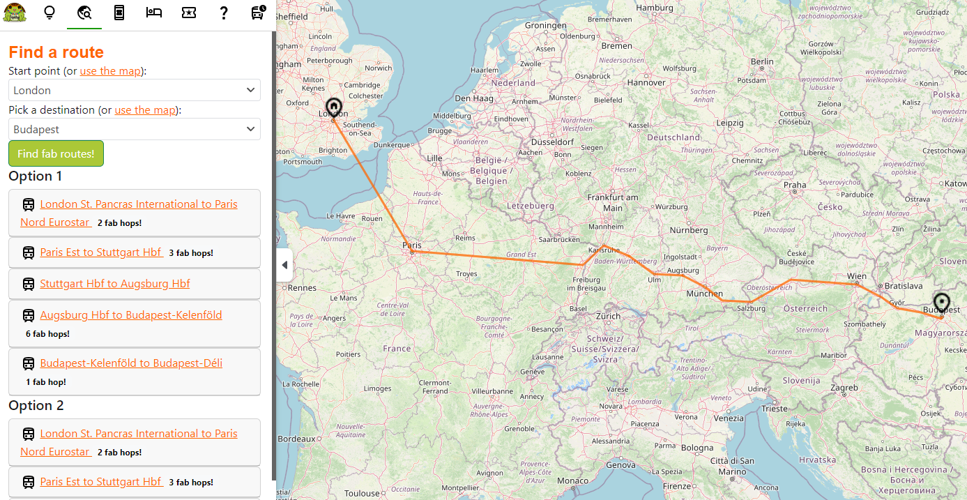 map of London to Budapest by train